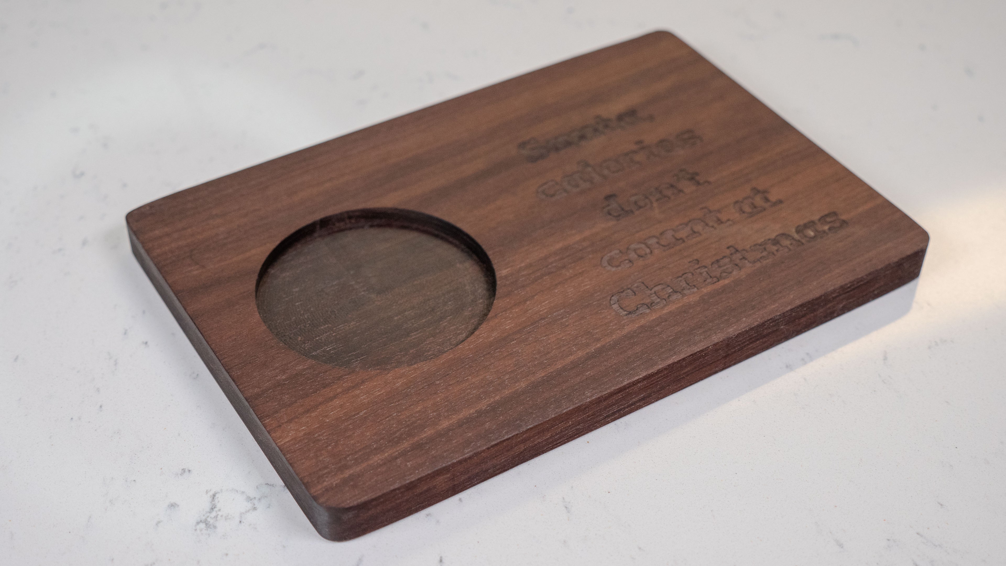 Walnut Christmas Cookie Tray: "Santa, Calories Don't Count at Christmas"